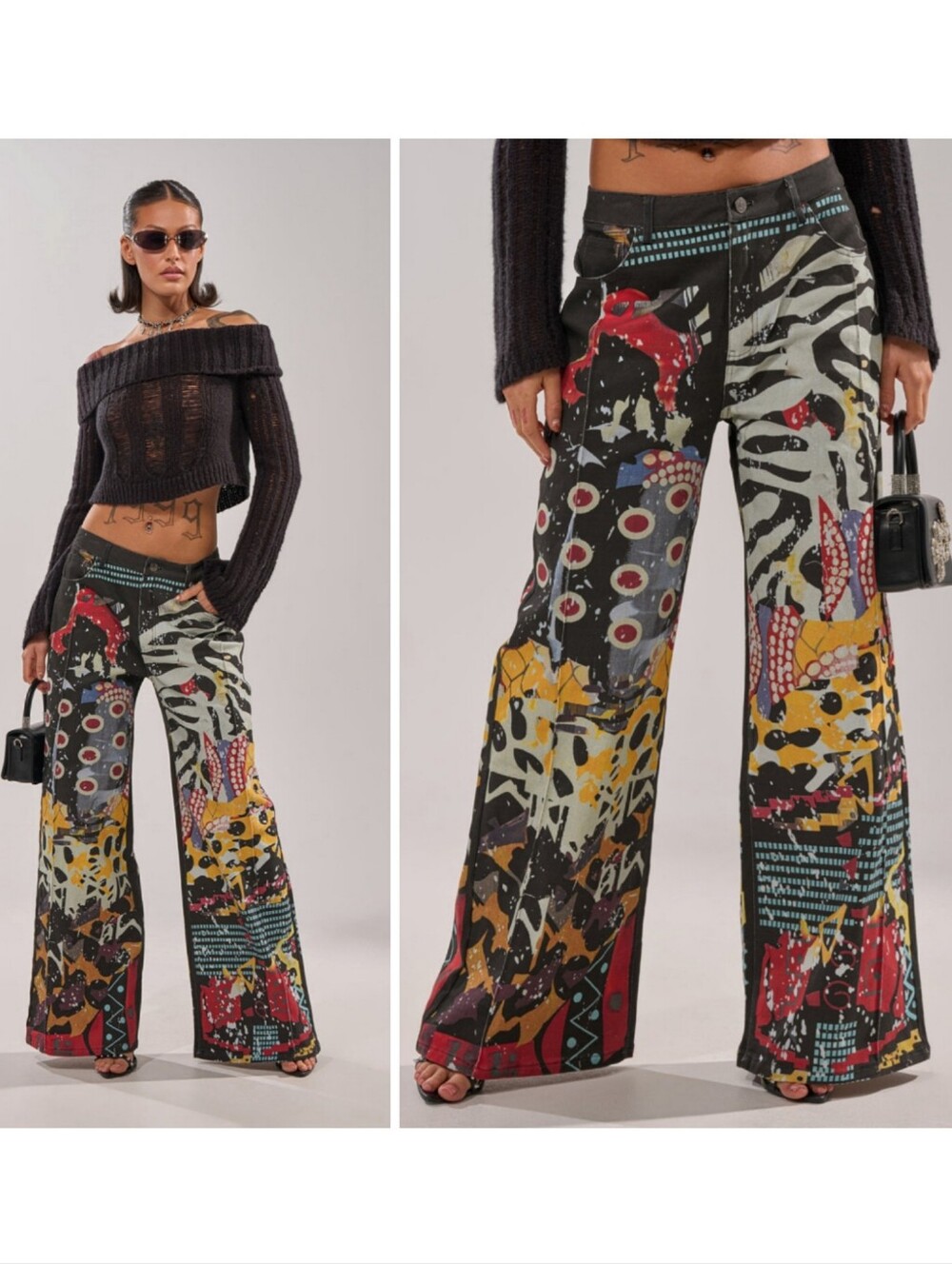 AKIRA Something Different Printed Black Wide-Leg Jeans Graffiti Splash Small 2-4